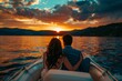 © Tanu - A pair of spouses holding each other close during a romantic sunset boat ride, A couple on a boat at sunset, with the sky ablaze in colors, creating a tranquil and romantic atmosphere, AI generated