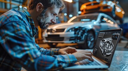 Poster - A man edit a picture of a car on his laptop in an attempt to hide the damage, damaged car on background, whole car in laptop screen. Generative AI.