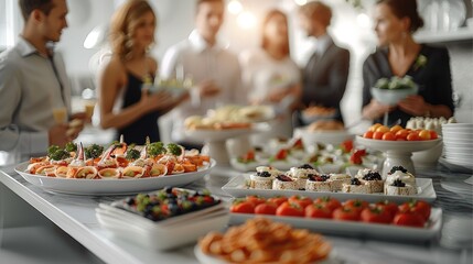 Poster - Luxury office catering, finger foods on the table, table designed in a luxury theme, men and women in formal office clothing talking and serving foods, bright lighting. Generative AI.