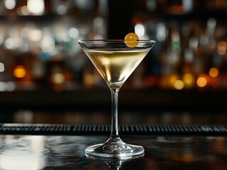 A clear martini glass with an olive on the rim sits on a dark wooden bar counter.