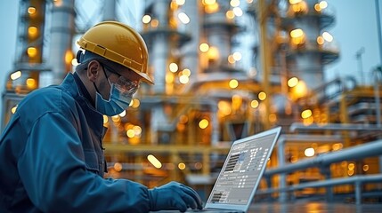 Aufkleber - Worker in protective gear analyzing data on a laptop, modern refinery in the background, technological advancement in industry. Generative AI.