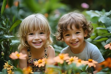 Two joyful children, a boy and a girl, radiate happiness amidst a vibrant flower garden. 