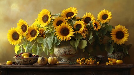 Sticker - Still Life with Sunflowers, Lemons, Grapes, and Flowers