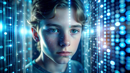 Portrait of a boy with digital binary code overlay, future technologies, digital education, personalization of human 