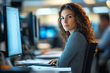 Wall Mural - A woman sits at her desk, focused on her work in a lively office filled with computer monitors and bustling activity around her