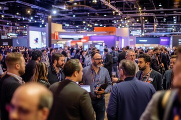 Wall Mural - A vibrant group of tech conference attendees interact and network in a busy expo hall filled with industry showcases and engaging discussions