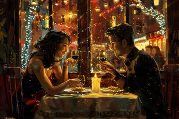 Wall Mural - A couple is at a restaurant table, sharing a meal and enjoying a moment together in a charming setting, A romantic couple enjoying a candlelit dinner at a cozy restaurant. AI generated