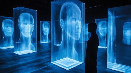 Poster - A digital art exhibit in a futuristic gallery featuring interactive holographic displays.