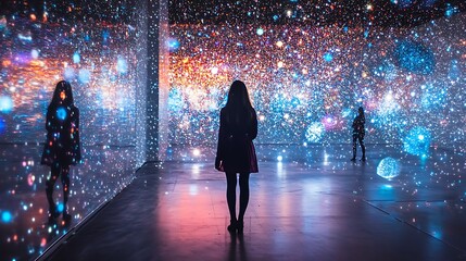 Poster - A digital art exhibit in a futuristic gallery featuring interactive holographic displays.