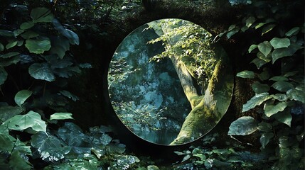 Poster - A Circular Mirror Reflecting a Sunlit Forest Canopy Through a Dense, Shaded Understory