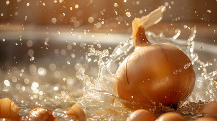 Close-up of a fresh onion splashing in water with sunlight filtering through, symbolizing freshness, nature, and organic farming