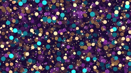 Vibrant bokeh effect with colorful glittering dots in teal, purple, and gold. This seamless pattern is ideal for festive, celebratory designs.