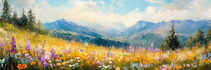 Sticker - Art oil painting with meadow mountain flowers in spring