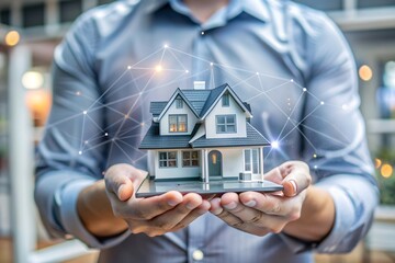 Businessman holding smart house model, smart homes and technology-dri