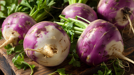 A bunch of freshly harvested purple turnips with leafy greens, resting on a rustic wooden surface, highlighting the essence of organic farming and healthy, seasonal produce.