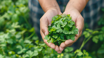 Close-up of hands holding a bunch of freshly harvested parsley in a lush green garden, symbolizing organic farming, sustainability, and healthy living.