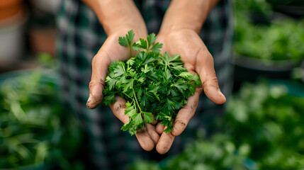 Close-up of hands gently holding freshly harvested parsley in a vibrant green garden, symbolizing organic gardening, sustainability, and natural food.