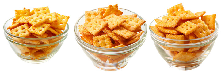 Collage of bowl filled to the brim with golden cheddar cheese crackers, each cracker perfectly shaped and textured, isolated on a transparent background