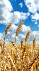 A golden wheat field under a blue sky with white clouds, creating an atmosphere of harvest and life.