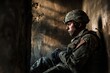 © Tanu - Inside a deserted building, a soldier sits quietly, contemplating the emptiness of his surroundings, A soldier sitting alone, looking exhausted and contemplative, AI generated