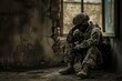 © Tanu - A solitary soldier is seated in a derelict structure, reflecting on the desolation around him, AI generated