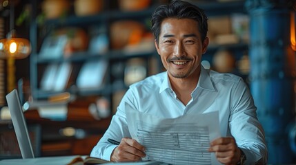 Aufkleber - an Asian businessman working at his desk, he is smiling, he is reading a report. Generative AI.