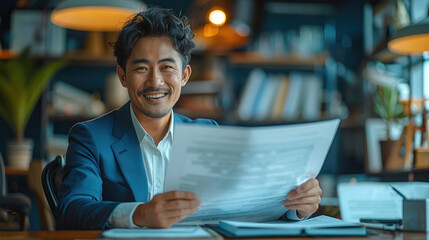 Aufkleber - an Asian businessman working at his desk, he is smiling, he is reading a report. Generative AI.