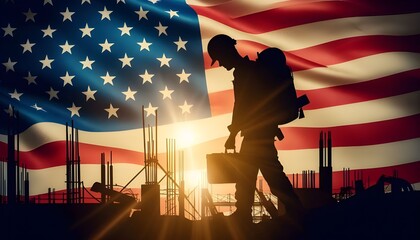 construction worker and american flag, labor day background