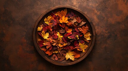 Poster - Autumn Leaves in a Wooden Bowl on a Brown Background