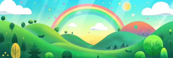 magical fantastical lush green rolling hills with doughnuts and rainbows