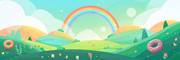 magical fantastical lush green rolling hills with doughnuts and rainbows