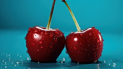 two cherries on background with droplets on a turquoise background generative ai