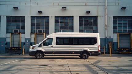 Wall Mural - A staff shuttle (minibus) collecting shift workers from a warehouse. Generative AI.