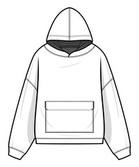 Wall Mural - Hoodie technical fashion illustration. hoodie vector template illustration. front view. Regular fit. drop shoulder. unisex. Patch pocket. white colour. CAD mockup set.