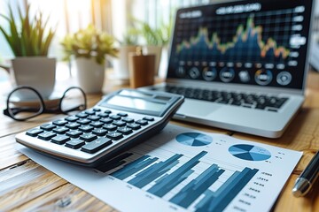 Poster - A laptop with a calculator and graphs on a table