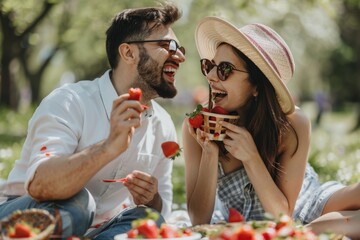 Wall Mural - A guide illustrating steps to make a man fall in love, featuring romantic gestures and emotional connection techniques, A wife playfully feeding her husband strawberries at a summer picnic