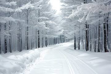 Wall Mural - A snowy forest road with trees covered in snow