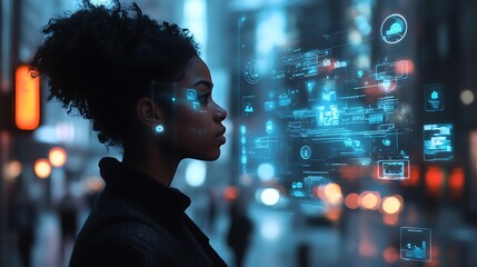 Poster - A digital avatar navigating a virtual world, immersed in glowing icons and data streams.






