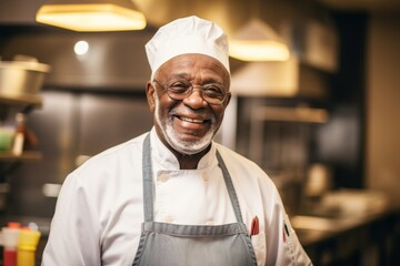 Smiling portrait of a senior chef working in kitchen