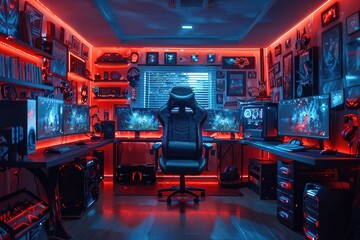 Poster - A computer room with a black chair and two computer monitors