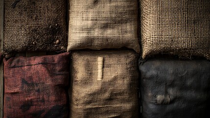 A Close-Up View of Six Sacks Made of Different Materials