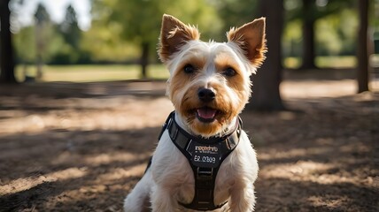 Terrier with tags and harness in the dog pa ai generate