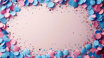 Poster - Frame made of colorful shiny confetti on pastel color background, flat lay copy space background. Generative AI.