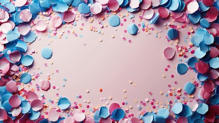 Poster - Frame made of colorful shiny confetti on pastel color background, flat lay copy space background. Generative AI.