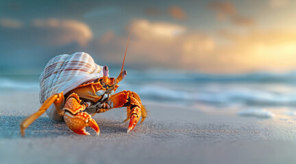 Wall Mural - A cute, orange speckled hermit crab peeking out its shell on the beach, late afternoon light, storms on the horizon. Generative AI.