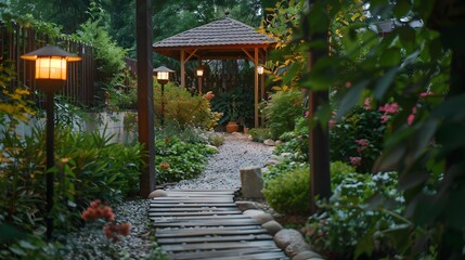 Canvas Print - The alley leads to a cozy gazebo