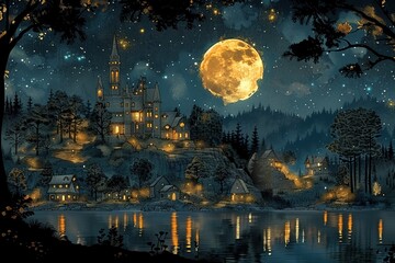 Wall Mural - A painting of a town with a large moon in the sky