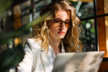 Wall Mural - A businesswoman in a tailored suit diligently working on her laptop, showcasing a productive office environment, A woman in business attire looking at a laptop screen. Ai generated