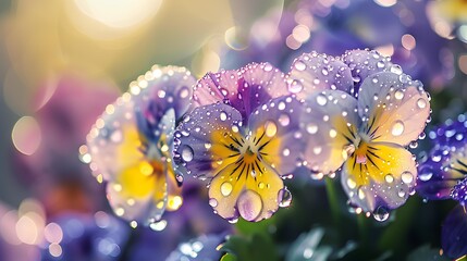 Wall Mural - Pansies delicate decorated with drops of water