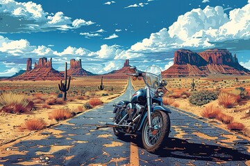 Poster - A motorcycle is parked on a deserted road in the desert